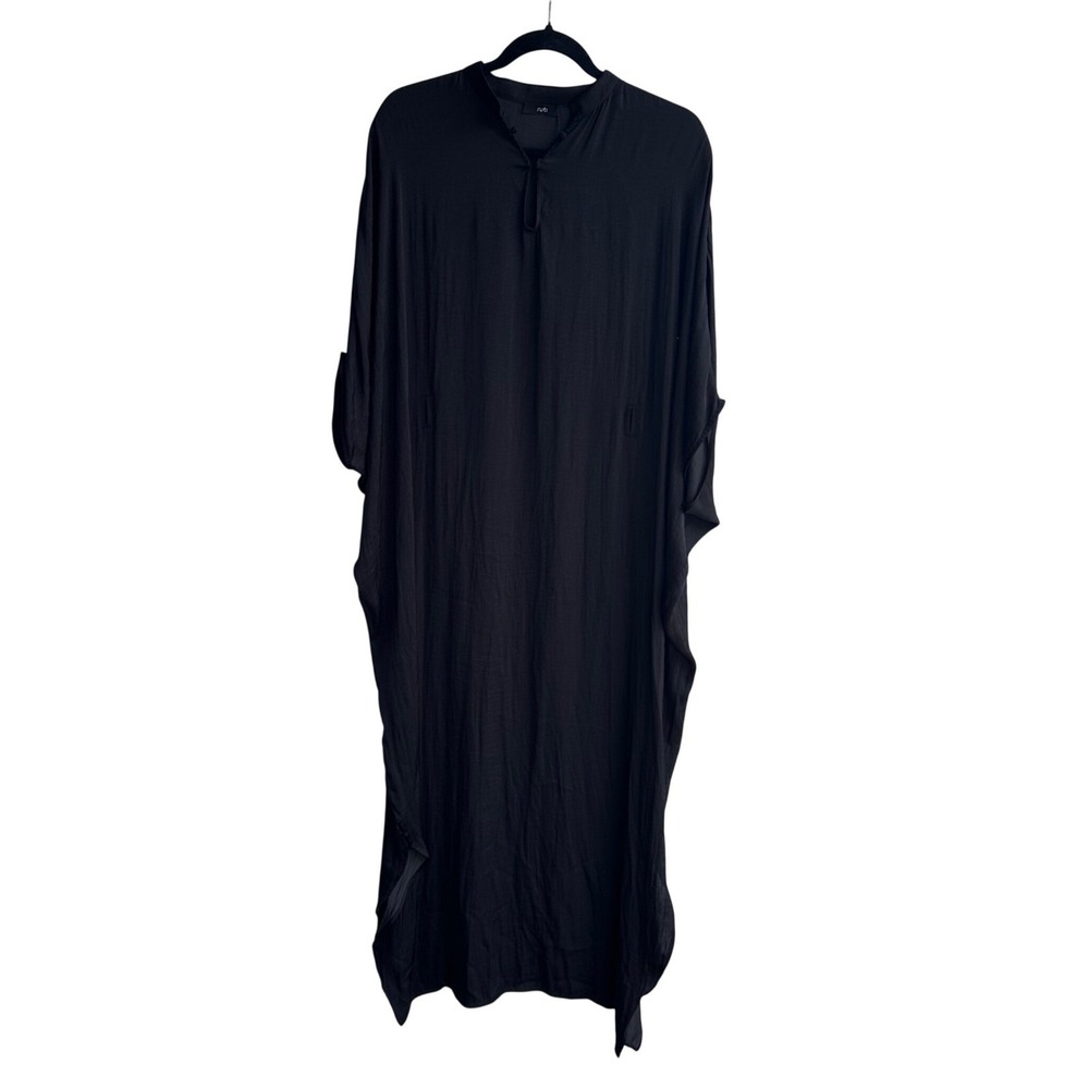 Ruti Black Maxi Kaftan Dress One Size Oversized Mandarin Collar Side Slits Boho